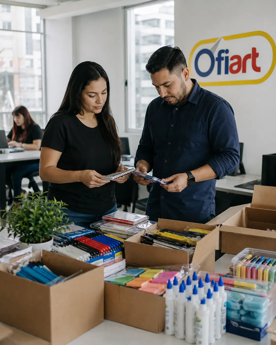 Equipo de Ofiart revisando productos escolares y de oficina en la oficina