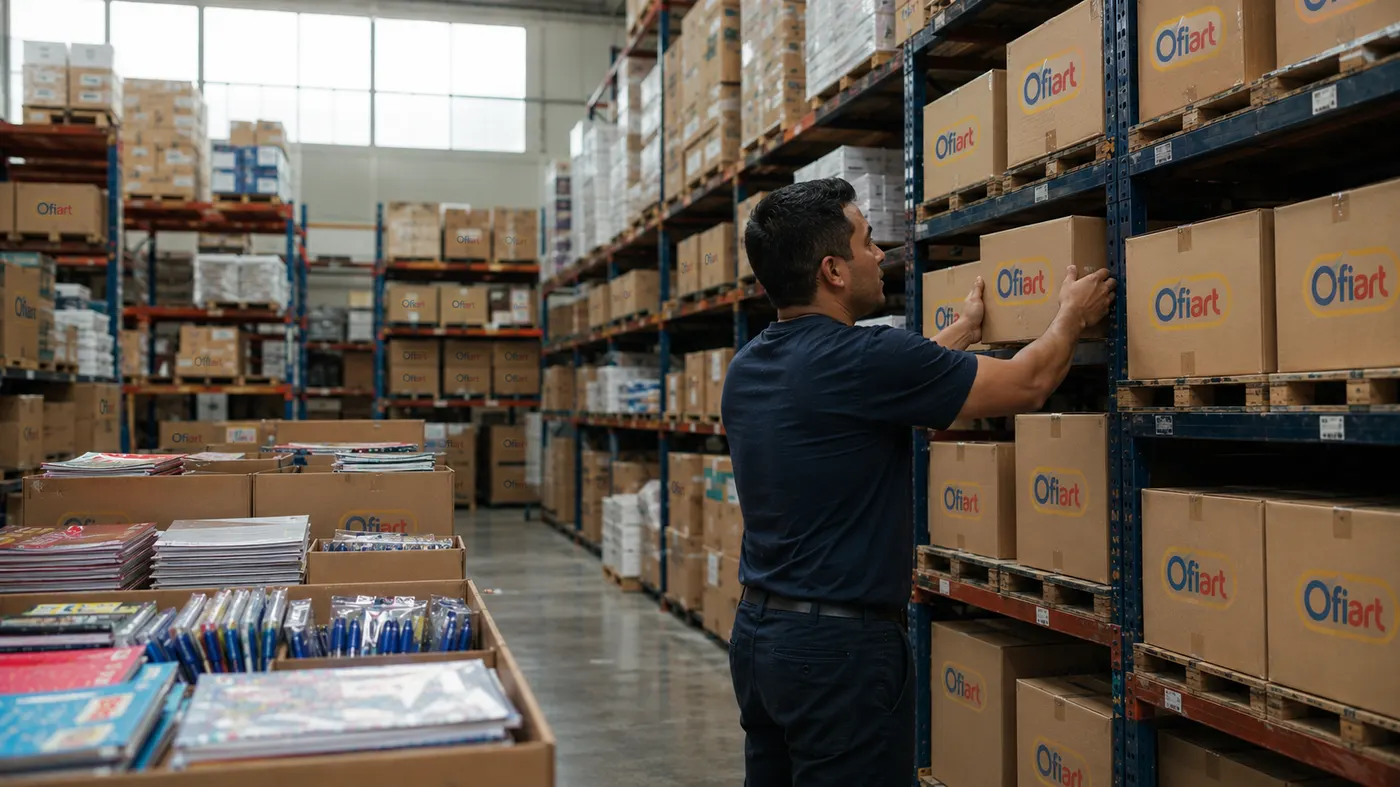 Trabajador organizando inventario en el almacén de Ofiart en Guarenas
